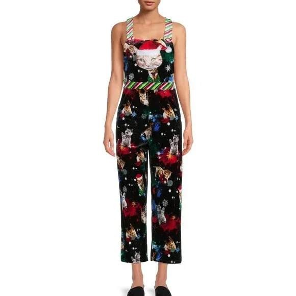 Christmas Cat Print Overalls‎ With Santa Hat Pocket By Love On A Hanger M Velvet - Picture 1 of 7